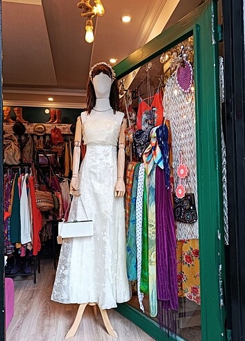 Krem renk tül detaylı vintage abiye elbise