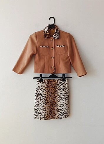 Panço leopar desenli çocuk ceket etek takım 