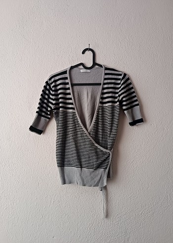 Adil Işık Gri Çizgili v kruvaze yakalı ince hırka - Görsel 3