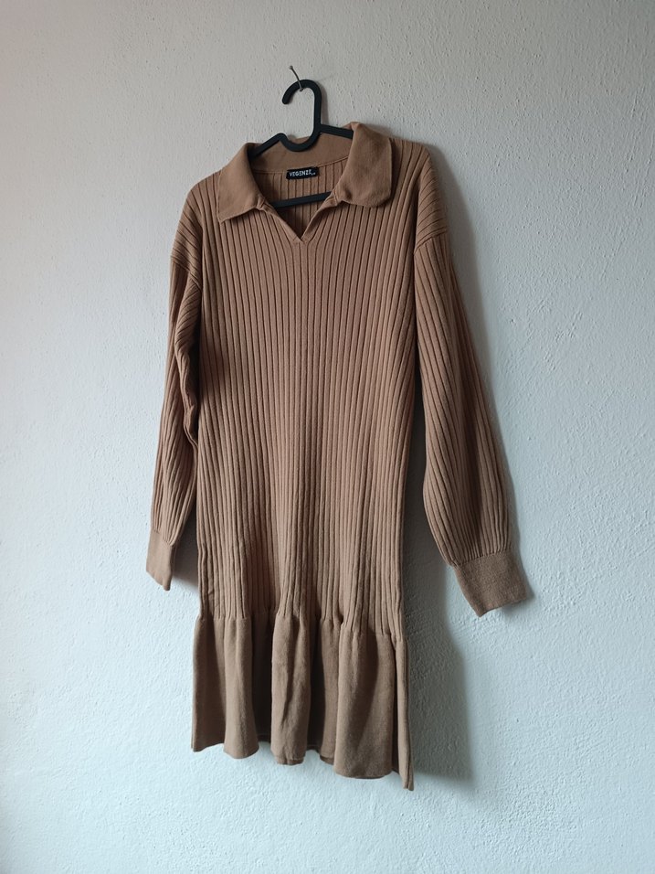 Bej Kadın Triko Midi Elbise - Görsel 5