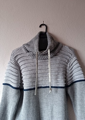 Gri Yüksek Yakalı Bağcıklı Vintage Erkek Yün Kazak - Görsel 3