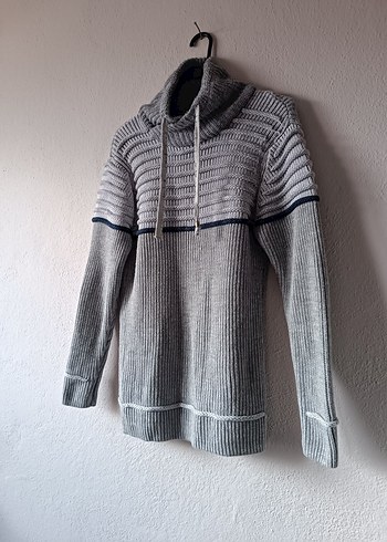 Gri Yüksek Yakalı Bağcıklı Vintage Erkek Yün Kazak - Görsel 4