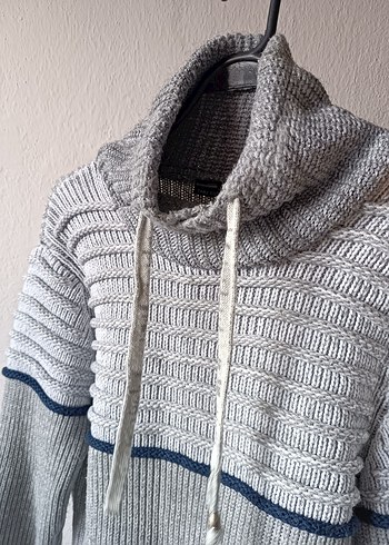 Gri Yüksek Yakalı Bağcıklı Vintage Erkek Yün Kazak - Görsel 10