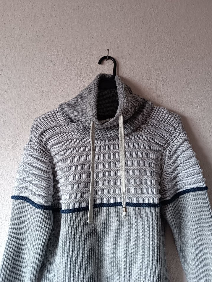 Gri Yüksek Yakalı Bağcıklı Vintage Erkek Yün Kazak - Görsel 3
