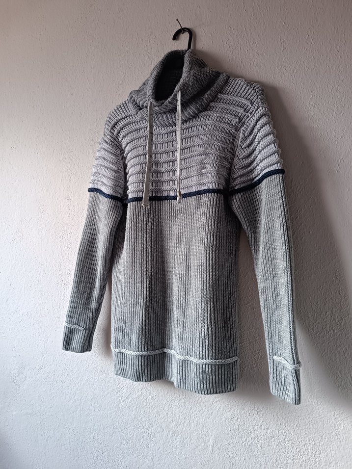 Gri Yüksek Yakalı Bağcıklı Vintage Erkek Yün Kazak - Görsel 4