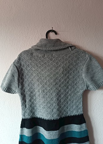 Boğazlı Yaka Kısa Kollu Gri Triko Elbise - Görsel 10