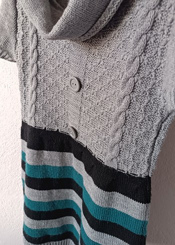 Boğazlı Yaka Kısa Kollu Gri Triko Elbise - Görsel 13