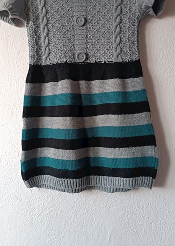 Boğazlı Yaka Kısa Kollu Gri Triko Elbise - Görsel 4