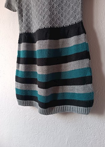 Boğazlı Yaka Kısa Kollu Gri Triko Elbise - Görsel 9