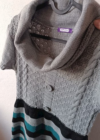 Boğazlı Yaka Kısa Kollu Gri Triko Elbise - Görsel 8