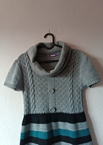 Boğazlı Yaka Kısa Kollu Gri Triko Elbise - Görsel 7