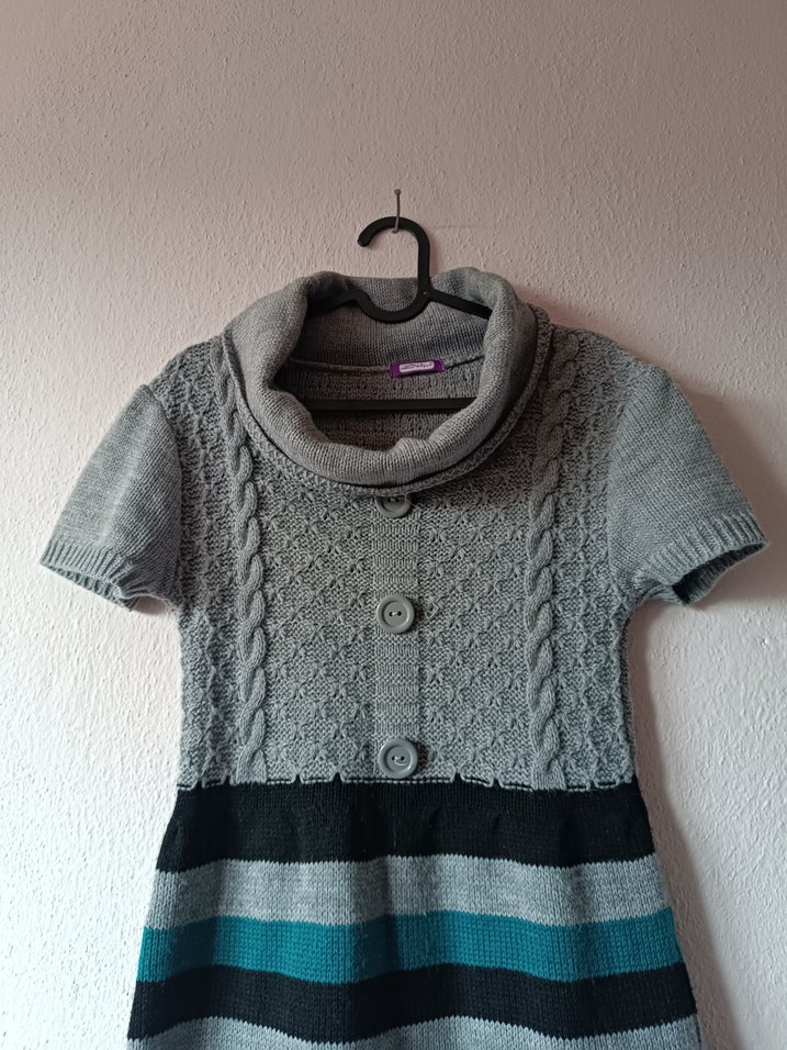 Boğazlı Yaka Kısa Kollu Gri Triko Elbise - Görsel 3