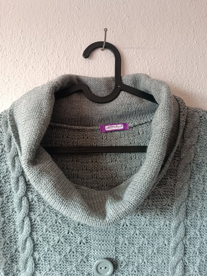 Boğazlı Yaka Kısa Kollu Gri Triko Elbise - Görsel 5