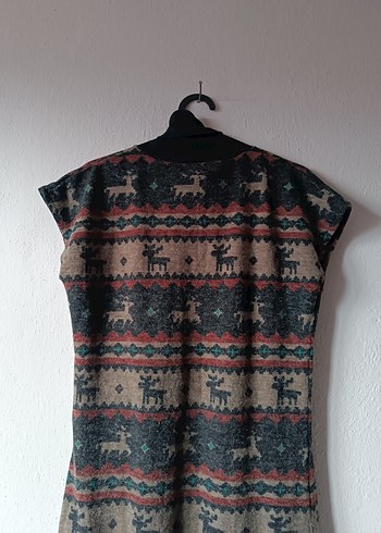 Geyik Desenli Boğazlı Kolsuz Yünlü Midi Elbise - Görsel 10