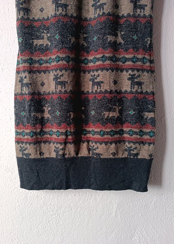 Geyik Desenli Boğazlı Kolsuz Yünlü Midi Elbise - Görsel 9