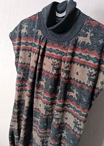 Geyik Desenli Boğazlı Kolsuz Yünlü Midi Elbise - Görsel 12