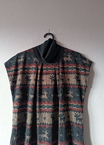 Geyik Desenli Boğazlı Kolsuz Yünlü Midi Elbise - Görsel 3