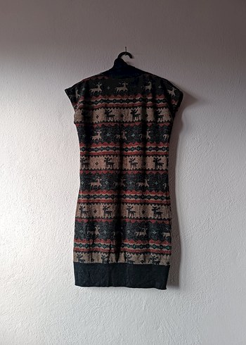 Geyik Desenli Boğazlı Kolsuz Yünlü Midi Elbise - Görsel 2