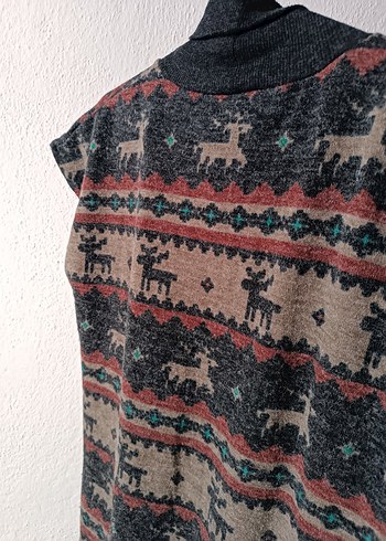 Geyik Desenli Boğazlı Kolsuz Yünlü Midi Elbise - Görsel 8