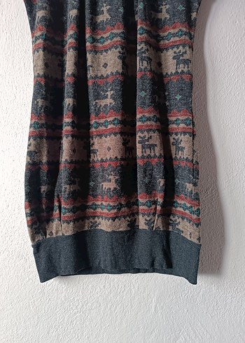 Geyik Desenli Boğazlı Kolsuz Yünlü Midi Elbise - Görsel 4