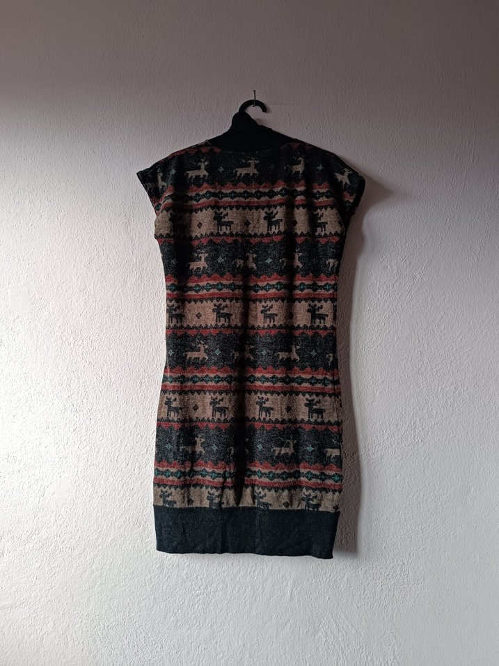 Geyik Desenli Boğazlı Kolsuz Yünlü Midi Elbise - Görsel 2