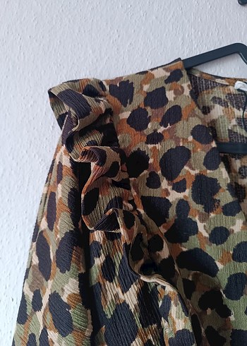 Mango haki kamuflaj desenli kruvaze elbise - Görsel 5