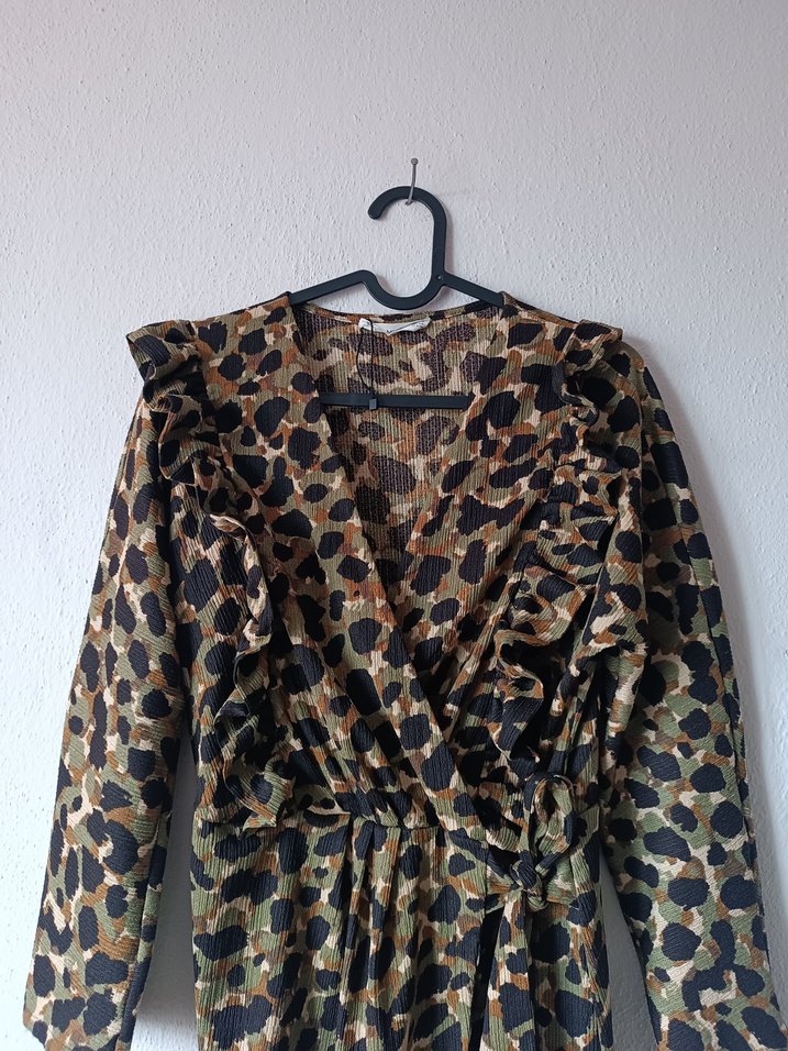 Mango haki kamuflaj desenli kruvaze elbise - Görsel 3