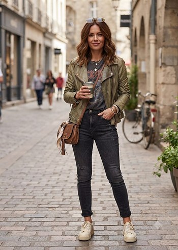 Tchibo Haki Deri Biker Ceket