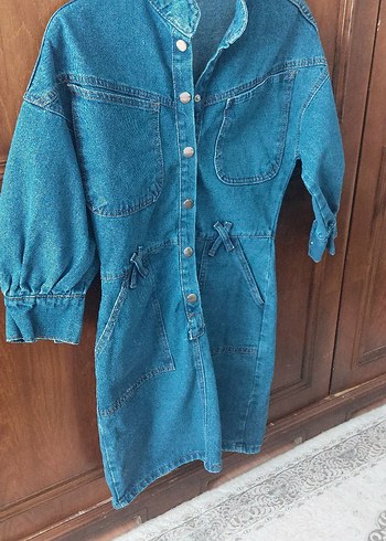 s Beden Kadın Mavi Düğmeli Midi Denim elbise