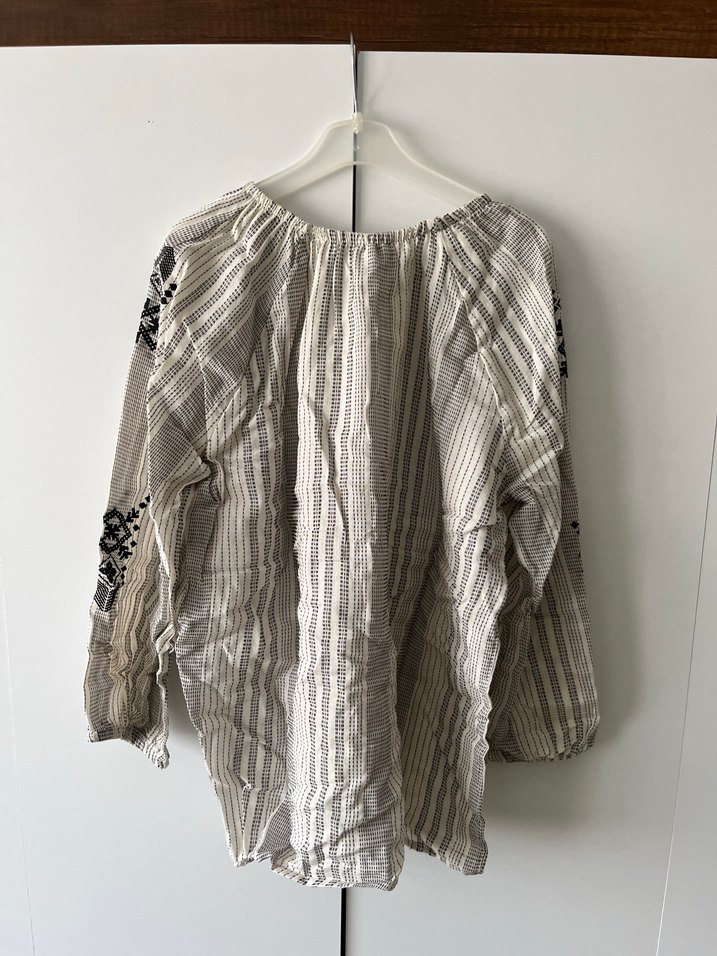 Nakışlı Püsküllü Bej Keten Bohem Bluz - Görsel 3