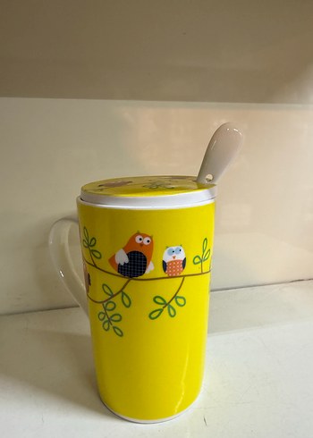 Sarı Baykuş Desenli Kaşıklı Kupa - Görsel 3