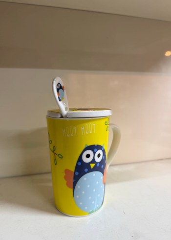 Sarı Baykuş Desenli Kaşıklı Kupa - Görsel 2