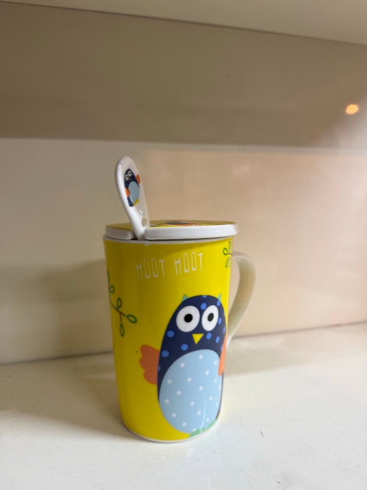 Sarı Baykuş Desenli Kaşıklı Kupa - Görsel 2