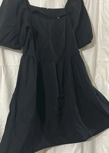 Siyah Midi Keten Elbise, Fırfırlı, Geniş Kesim - Görsel 3