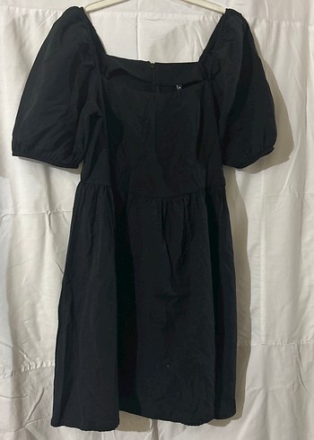 Siyah Midi Keten Elbise, Fırfırlı, Geniş Kesim - Görsel 2