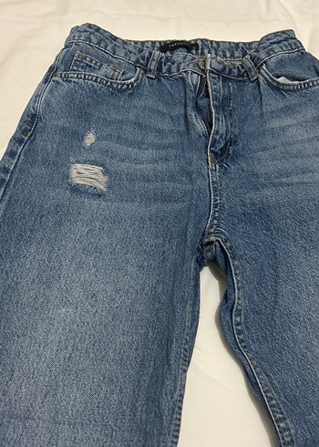 Yırtık Detaylı Kadın Mavi Bol Kesim Kot Pantolon - Görsel 3