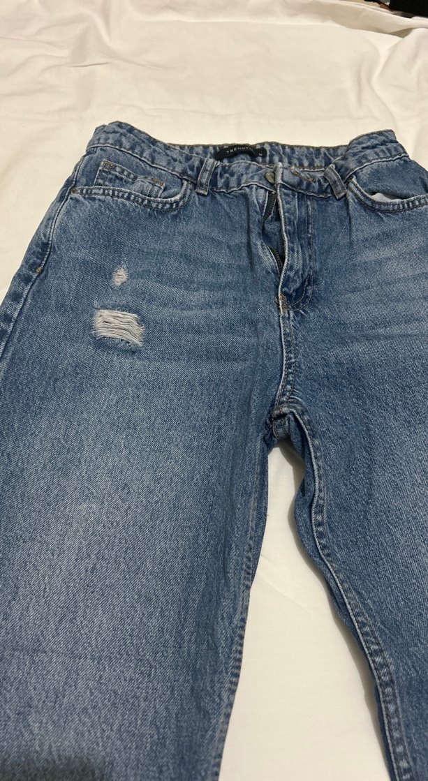 Yırtık Detaylı Kadın Mavi Bol Kesim Kot Pantolon - Görsel 3