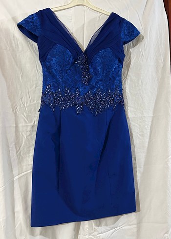 Koyu Mavi İşlemeli Kadın Abiye Elbise - Görsel 2