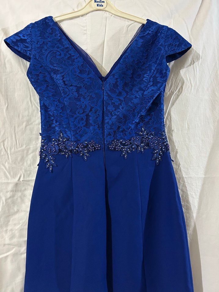 Koyu Mavi İşlemeli Kadın Abiye Elbise - Görsel 4
