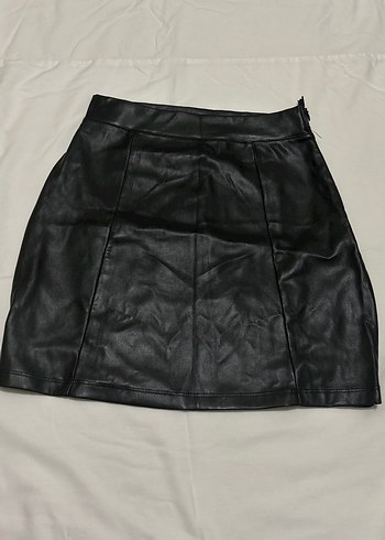 Siyah Deri Mini Etek Fermuarlı - Görsel 2