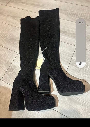 Stradivarius Siyah Simli Platformlu Yuksek Topuklu Cizme