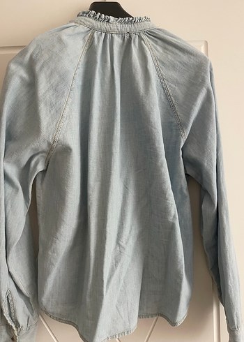 Mavi V Yaka Düğmeli Denim Gömlek - Görsel 7