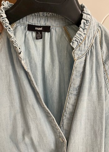 Mavi V Yaka Düğmeli Denim Gömlek - Görsel 8