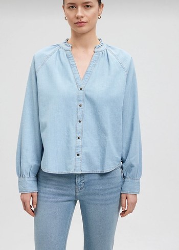 Mavi V Yaka Düğmeli Denim Gömlek - Görsel 2