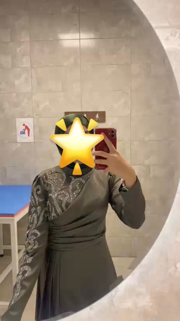 Haki yeşil taşlı şık saten tesettür abiye - Görsel 2