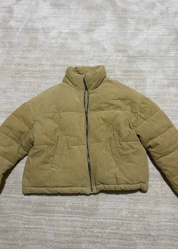 BERSHKA Bej Fermuarlı Yüksek Yakalı Kadın kısa Kışlık mont - Görsel 2