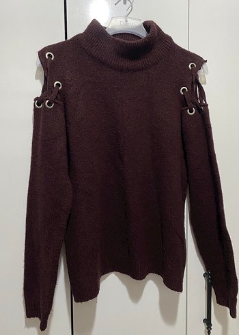 Omuz Detaylı Kahverengi Balıkçı Yaka Örgü Kadın Kazak - Görsel 7