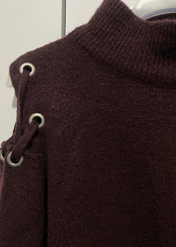 Omuz Detaylı Kahverengi Balıkçı Yaka Örgü Kadın Kazak - Görsel 3