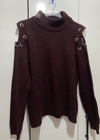 Omuz Detaylı Kahverengi Balıkçı Yaka Örgü Kadın Kazak - Görsel 4