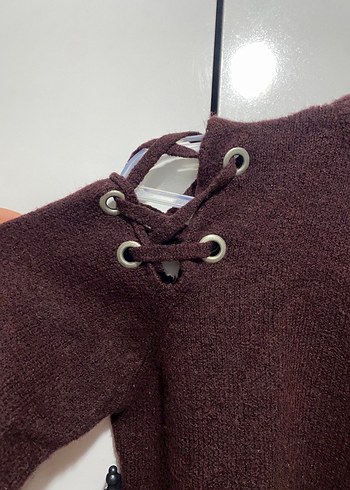 Omuz Detaylı Kahverengi Balıkçı Yaka Örgü Kadın Kazak - Görsel 5